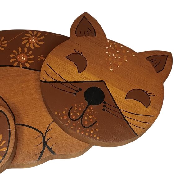 Vintage Wood Sleeping Cat Folk Art Hand Painted W/ Flowers Brown Orange Black** - Picture 3 of 12
